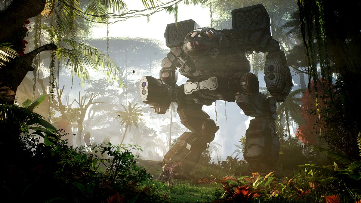 MechWarrior 5: Clans concept art showing a battle mechs in the jungle