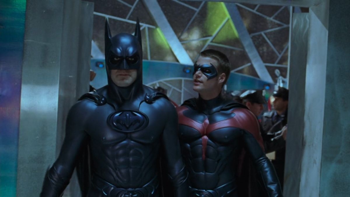 George Clooney as Batman and Chris O&#039;Donnell as Robin talking