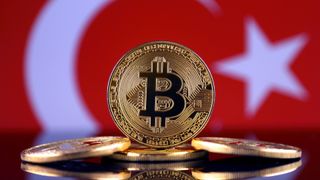 The physical embodiment of Bitcoin behind a Turkish flag