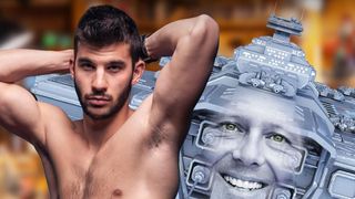 A shirtless man is approached from behind by a spaceship with a smiling face