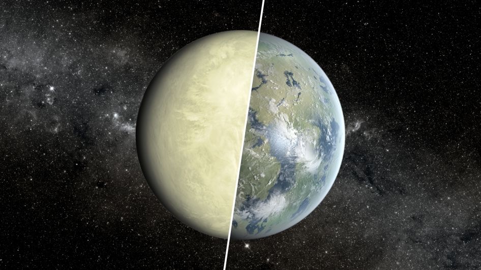 An artist&#039;s concept showing a super-Venus on the left and Earth on the right.