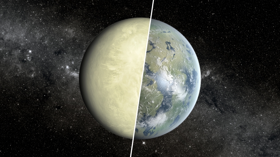 Artist' illustration showing a single planet made up of Venus on the left and Earth o the right with a white line dividing the two.
