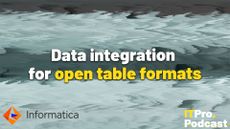 The words 'Data integration for open table formats' against a light green/grey background of digital noise. The words 'open table formats' are yellow and the others are white. In the bottom left corner the Informatica logo is shown and in the bottom right corner, the ITPro Podcast is shown.