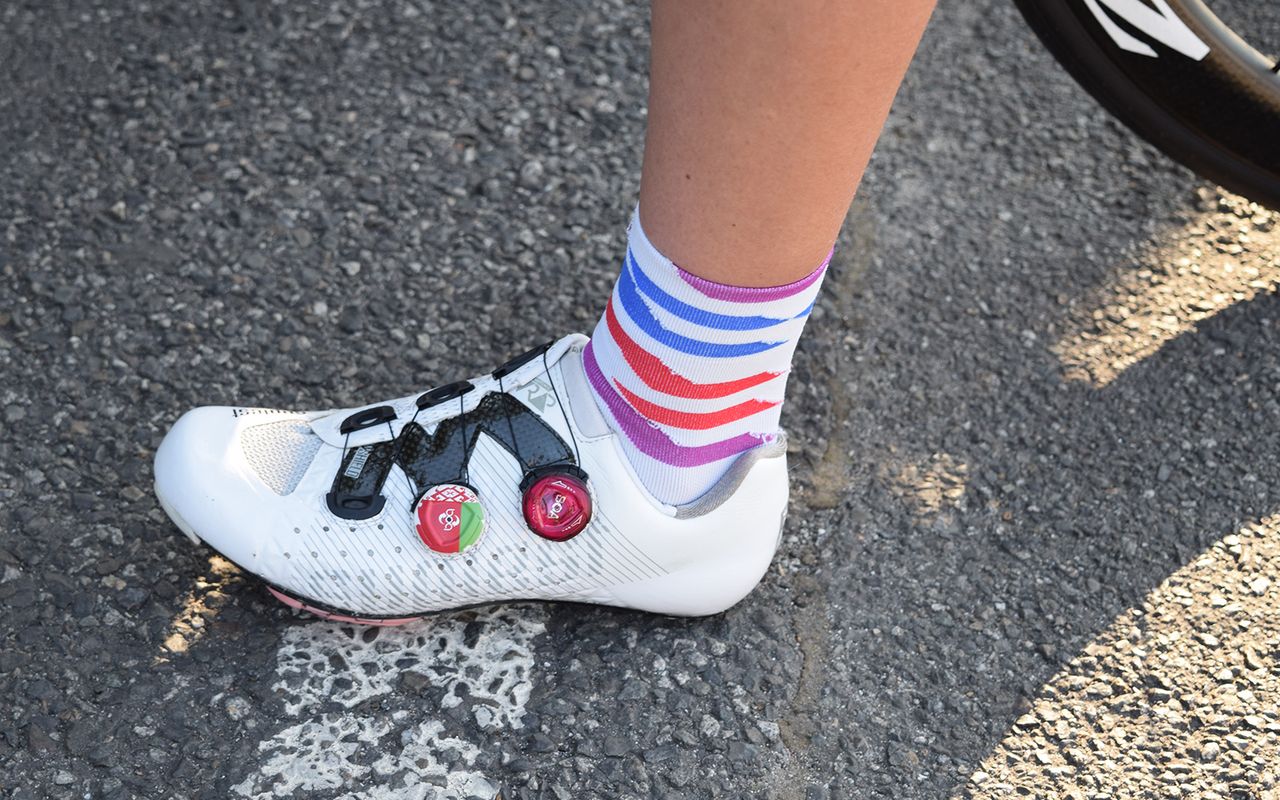 Canyon-SRAM's Alena Amialiusik has some custom Boa dials on her Suplest shoes featuring the flag of her native Belarus