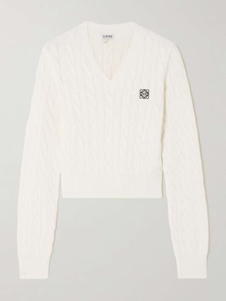 Logo-Embroidered Cropped Cable-Knit Cotton-Blend Sweater