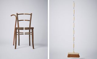 Left, a wooden chair with a walking stick tied to it and a gap right down the middle of the chair. Right, a broom stick where the stick is made of wooden pieces connected to each other by hooks.