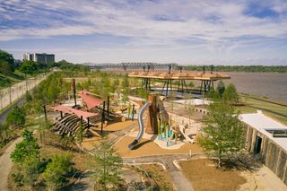 tom lee park from above showing playground