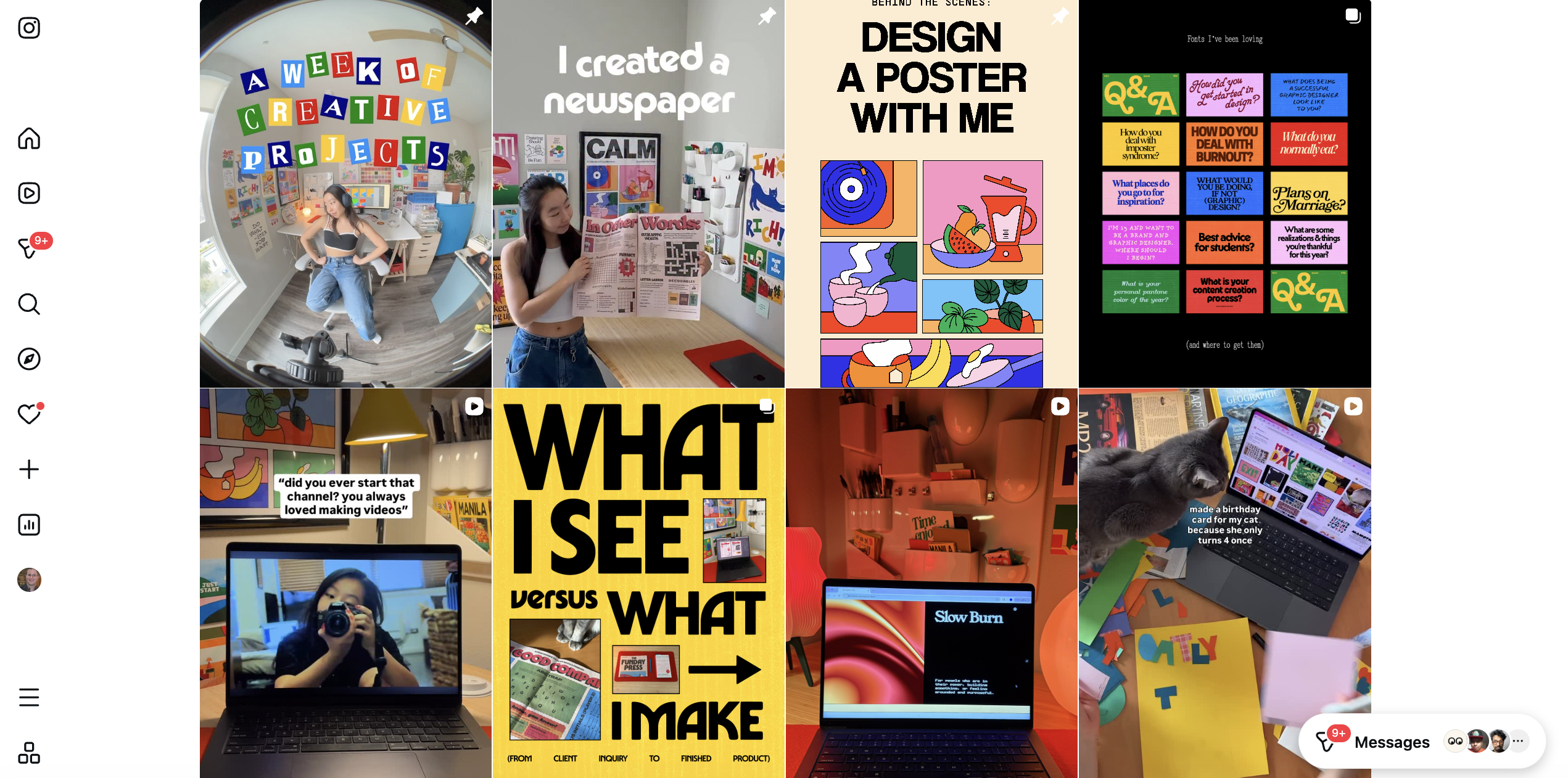 Instagram profile grid displaying a series of creative, colorful video reels and text posts by Katrina Romulo focused on design, video creation, and behind-the-scenes content.