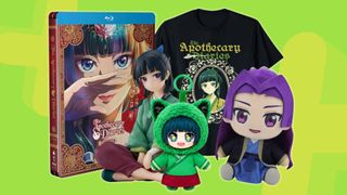 Image of a bunch of Apothecary Diaries merch on a green GamesRadar+ background.