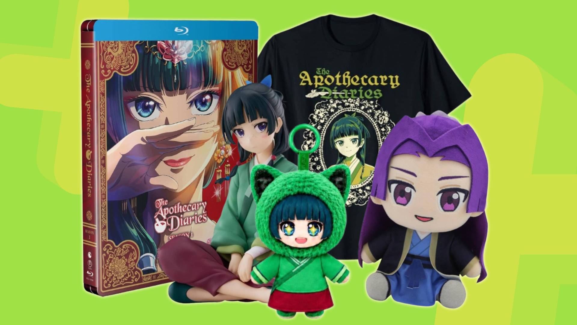 Image of a bunch of Apothecary Diaries merch on a green GamesRadar+ background.
