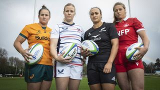 Captains Shannon Parry of Australia, Kristine Sommer of the United States, Ruahei Demant of New Zealand and Sophie de Goede of Canada pose for photos during a 2022 Pacific Series 