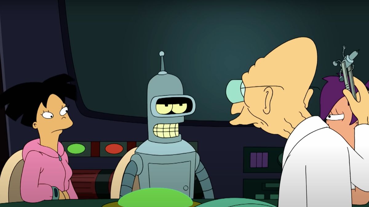 Bender sits at the table with Planet Express gang in Futurama.