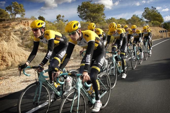Team LottoNL-Jumbo out training in Spain on their Bianchi Oltre XR.2 bikes