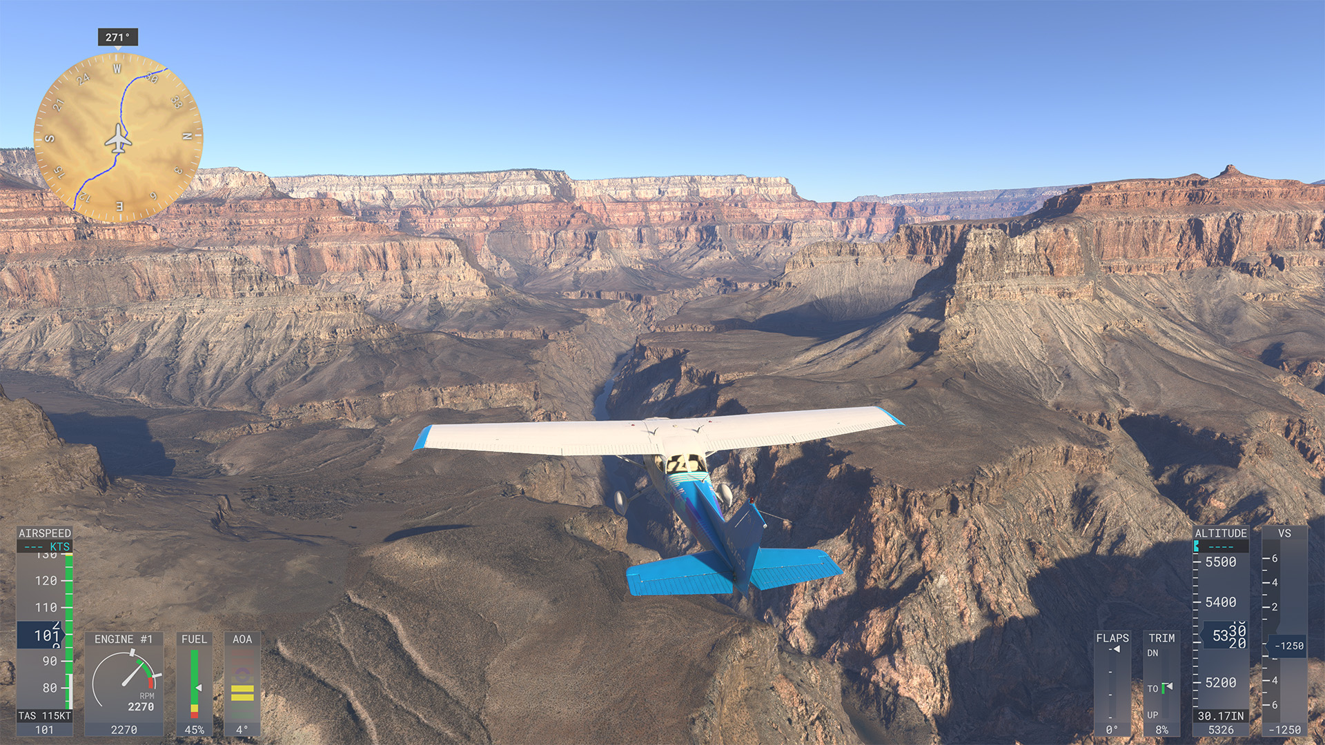 A Cessna 172 flies over the enormous chasm of the Grand Canyon.
