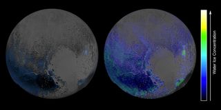 These maps of water ice on Pluto's surface were created using measurements made by NASA's New Horizons spacecraft during its July 2015 flyby of the dwarf planet. The map at left is an early effort; the one at right used modeling techniques to achieve greater sensitivity.