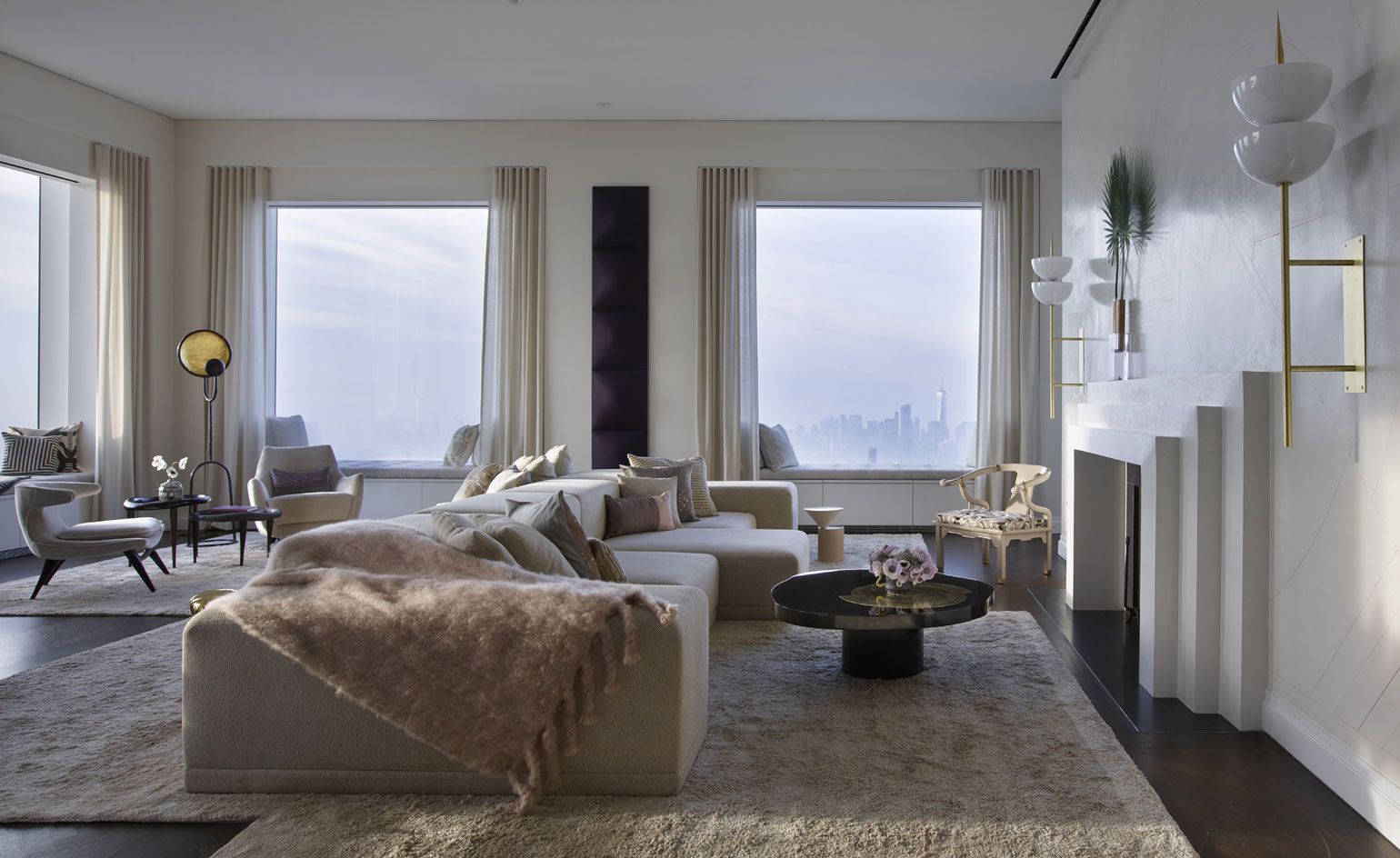 Interiors with white sofa , windows