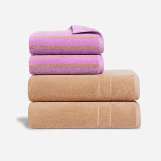 Brooklinen bathroom towel collection new in bright pink and purple colors 