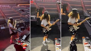 Roman Morello playing onstage during Rage Against The Machine soundcheck
