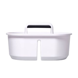 A white curved cleaning caddy with a dual base and a white handle with a black trim