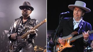 Rock and Roll Hall of Fame inductee Dave Stewart, co-founder of Eurythmics, performs onstage at Honda Center on January 28, 2024 in Anaheim, California / US legend Bob Dylan performs on stage during the 21st edition of the Vieilles Charrues music festival on July 22, 2012 in Carhaix-Plouguer, western France