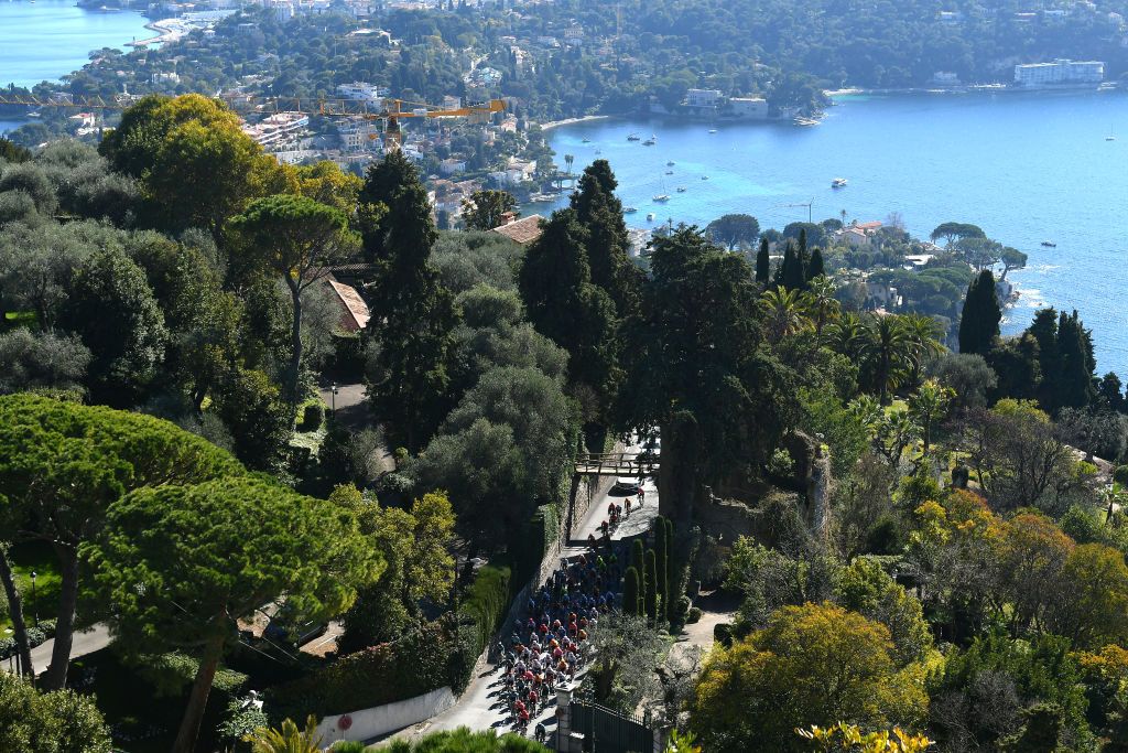 BLAUSASC FRANCE FEBRUARY 20 A general view of the peloton competing during the 54th Tour Des Alpes Maritimes Et Du Var Stage 3 a 1126km stage from Villefranche sur Mer to Blausasc on February 20 2022 in Blausasc France Photo by Dario BelingheriGetty Images