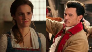 Emma Watson as Belle in a blue and white dress on left and Luke Evans as Gaston petting a horse on the right. Both from in the live action remake of Beauty and the Beast.