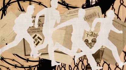 Photo collage of cut-out figures running in a panic, on the background of classified files, papers, and Nazi memorabilia. 