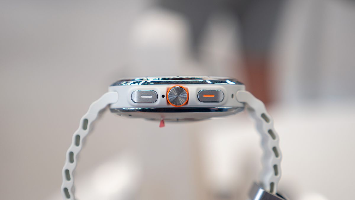 The prominent orange action button on the side of the Samsung Galaxy Watch Ultra