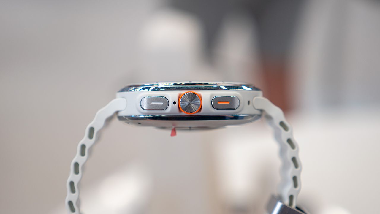 The prominent orange action button on the side of the Samsung Galaxy Watch Ultra