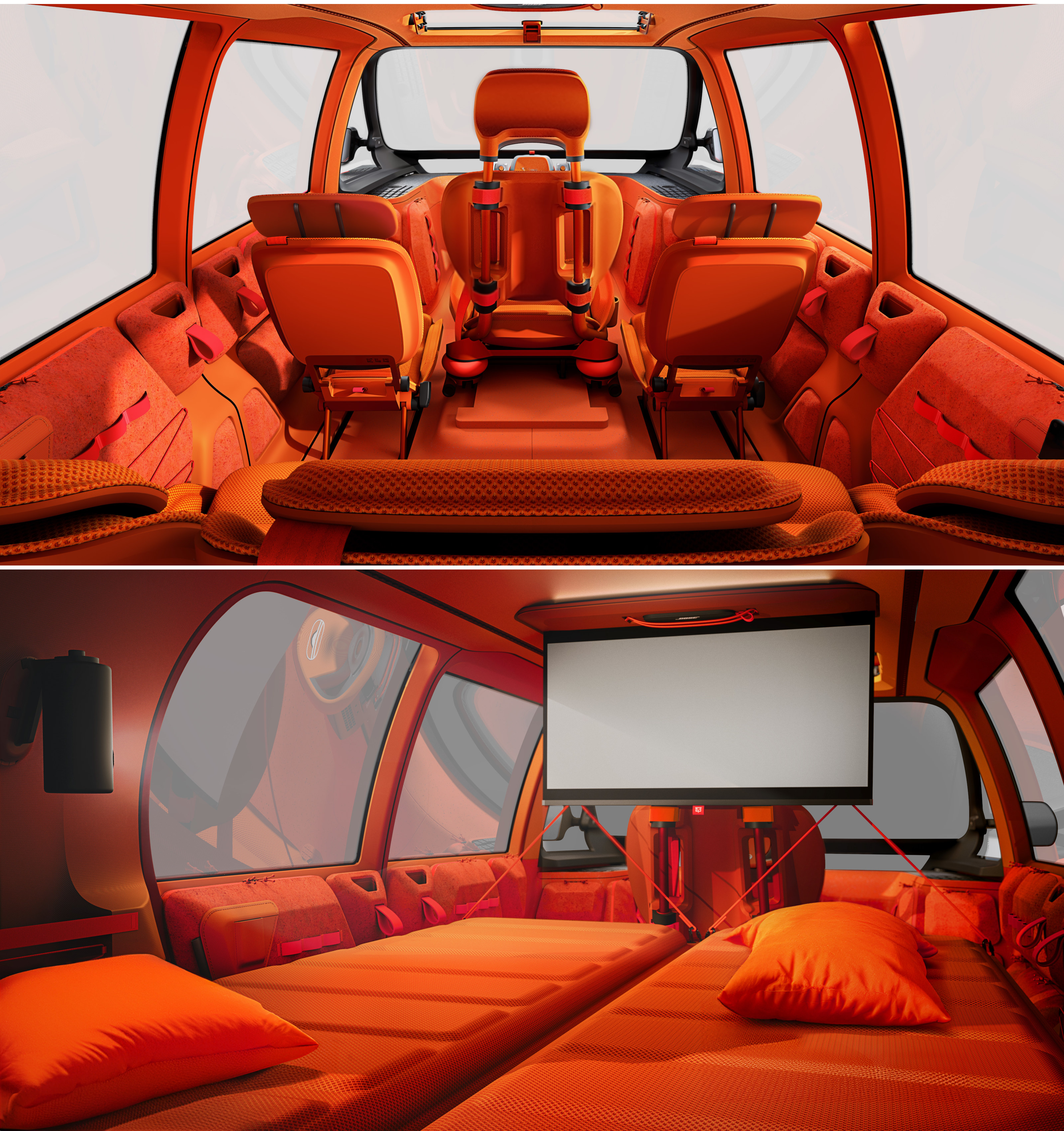 The interior can either seat six (above) or be transformed into a cinema (below)