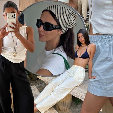 fashion collage of four style influencers wearing chic trendy basics for summer 2026 like elevated basic tops, head scarves, drawstring pants, and boxer-style cotton shorts