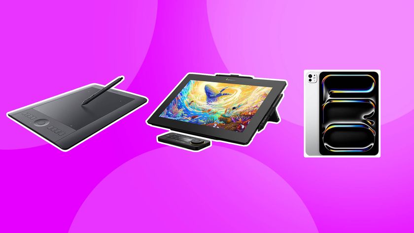 Product shots of three of the best tablets for digital artists on a magenta background