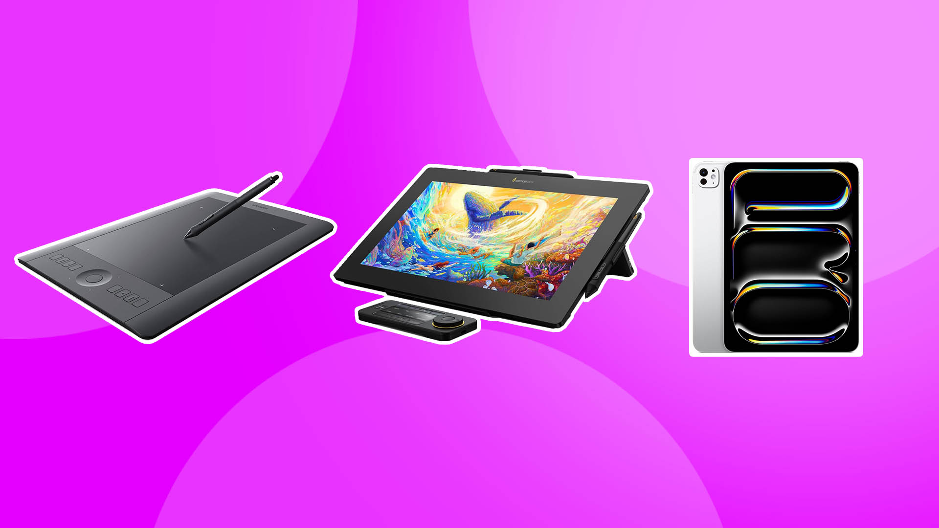 Product shots of three of the best tablets for digital artists on a magenta background