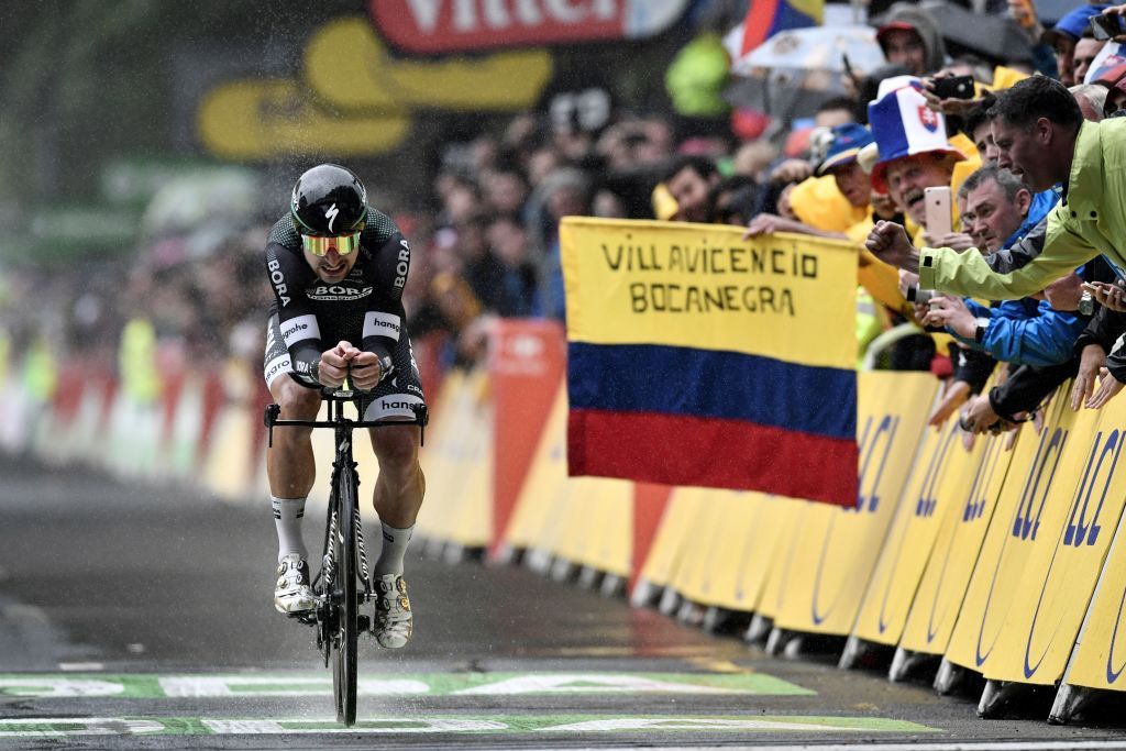 Peter Sagan finishes the Tour de France's stage 1 time trial.