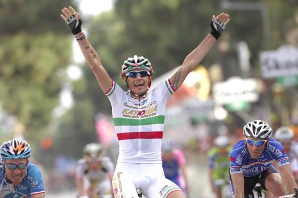 Filippo Pozzato (Katusha) celebrates his Giro stage 12 win.