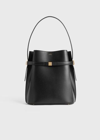 Black leather bucket bag with belt