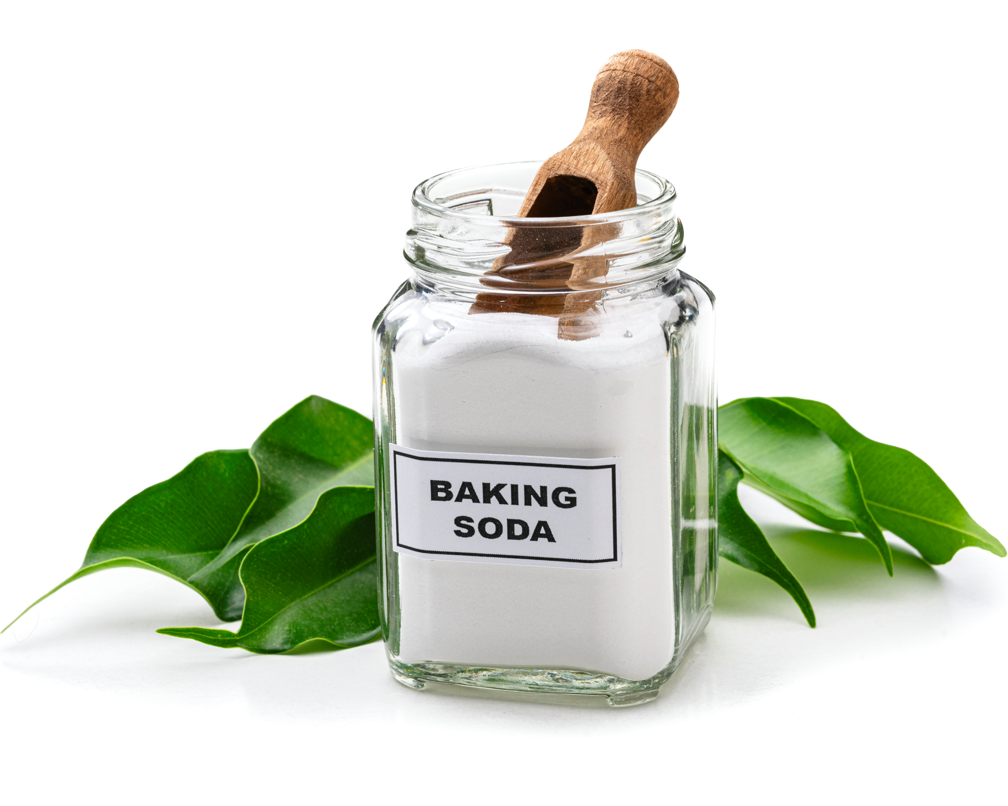 Baking soda in a glass jar isolated on white background