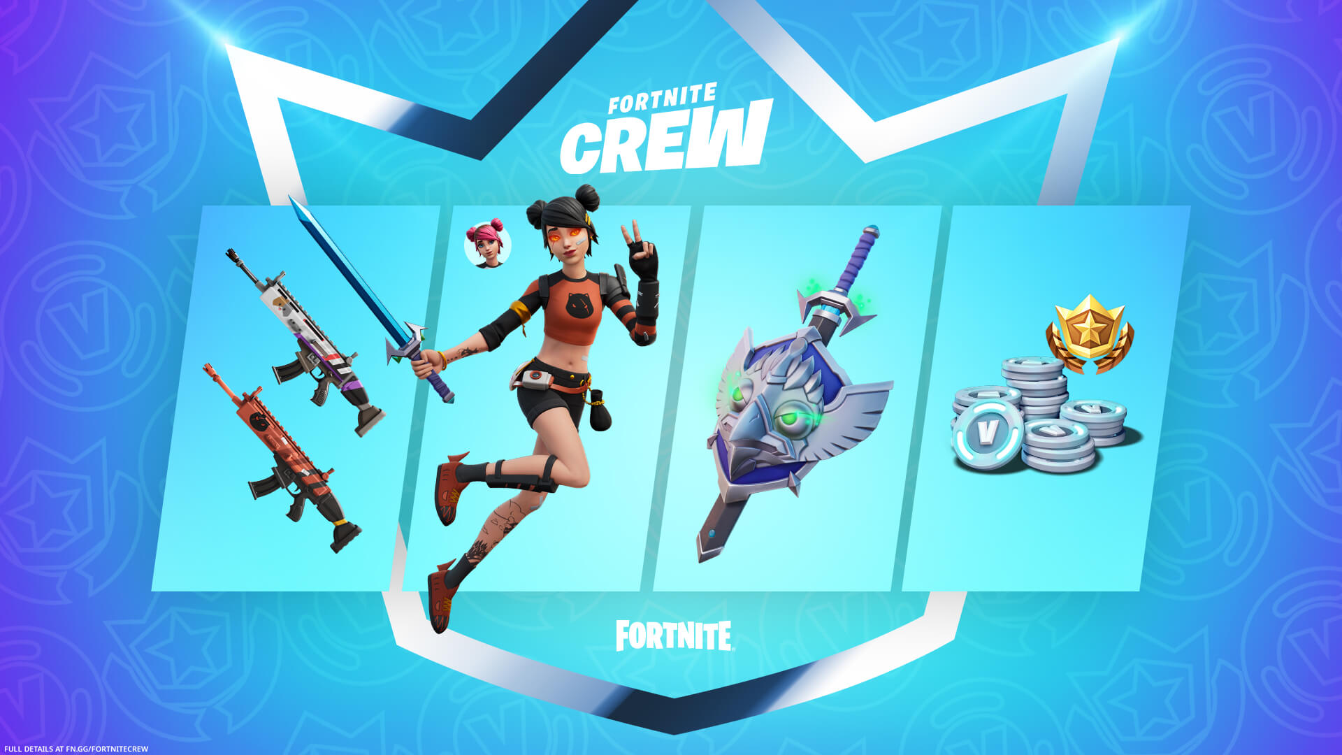 The Summer Skye cosmetics (including the Skye skin, and sword and shield backbling) in the August Fortnite Crew pack