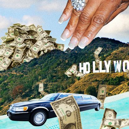 A flashy collage of Hollywood wealth: a manicured hand with a giant diamond ring hovers over the Hollywood sign, as cash rains down onto a limousine and face masks. A private jet flies above.