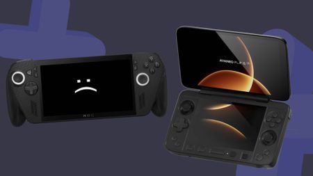 Ayaneo Flip 1S DS handheld on left and ROG Xbox Ally X on right with sad text face on screen and navy backdrop.