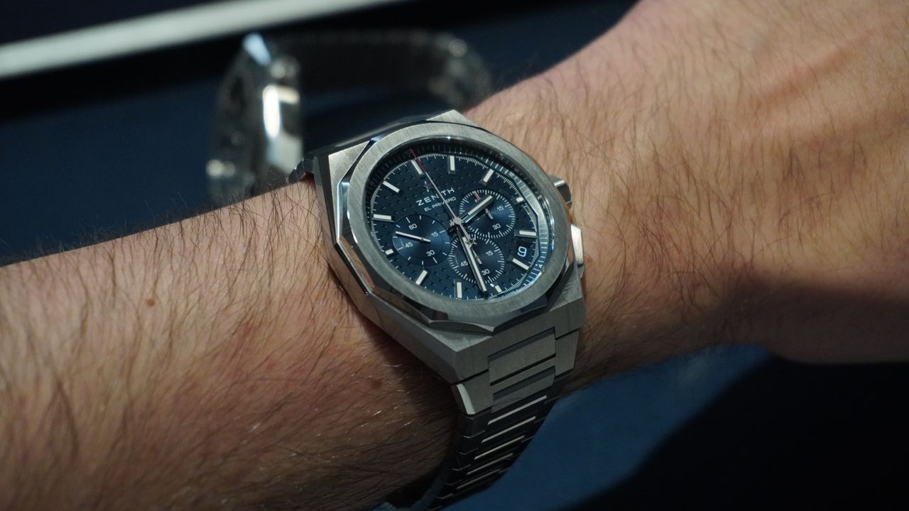 The Zenith Defy Skyline Chronograph worn on the wrist of T3&#039;s Sam Cross at Watches and Wonders 2024