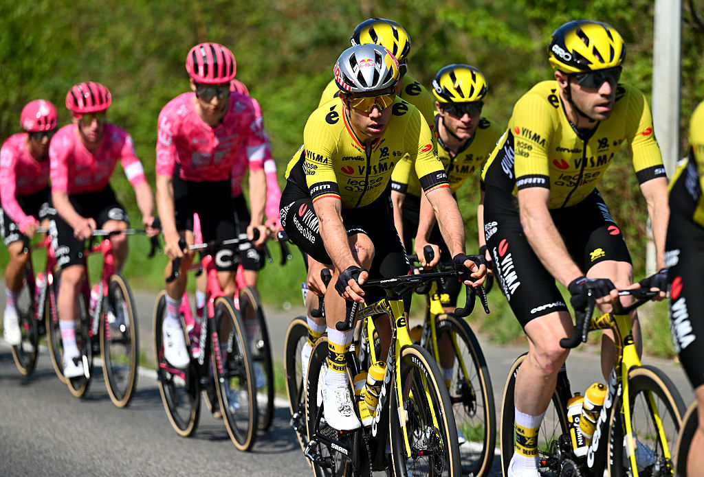OVERIJSE BELGIUM APRIL 18 Wout Van Aert of Belgium and Team VismaLease a Bike competes during the 65th De Brabantse Pijl La Fleche Brabanconne 2025 Mens Elite a 1626km one day race from Beersel to Overijse on April 18 2025 in Overijse Belgium Photo by Luc ClaessenGetty Images