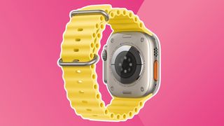 Apple Watch Ultra with yellow strap from the back