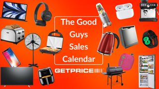 Red/orange background with text in the middle that says The Good Guys Sales Calendar with Get Price logo underneath and lots of appliances and tech objects surrounding it, including a nutribullet, bbq, fridge and headphones