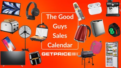Red/orange background with text in the middle that says The Good Guys Sales Calendar with Get Price logo underneath and lots of appliances and tech objects surrounding it, including a nutribullet, bbq, fridge and headphones