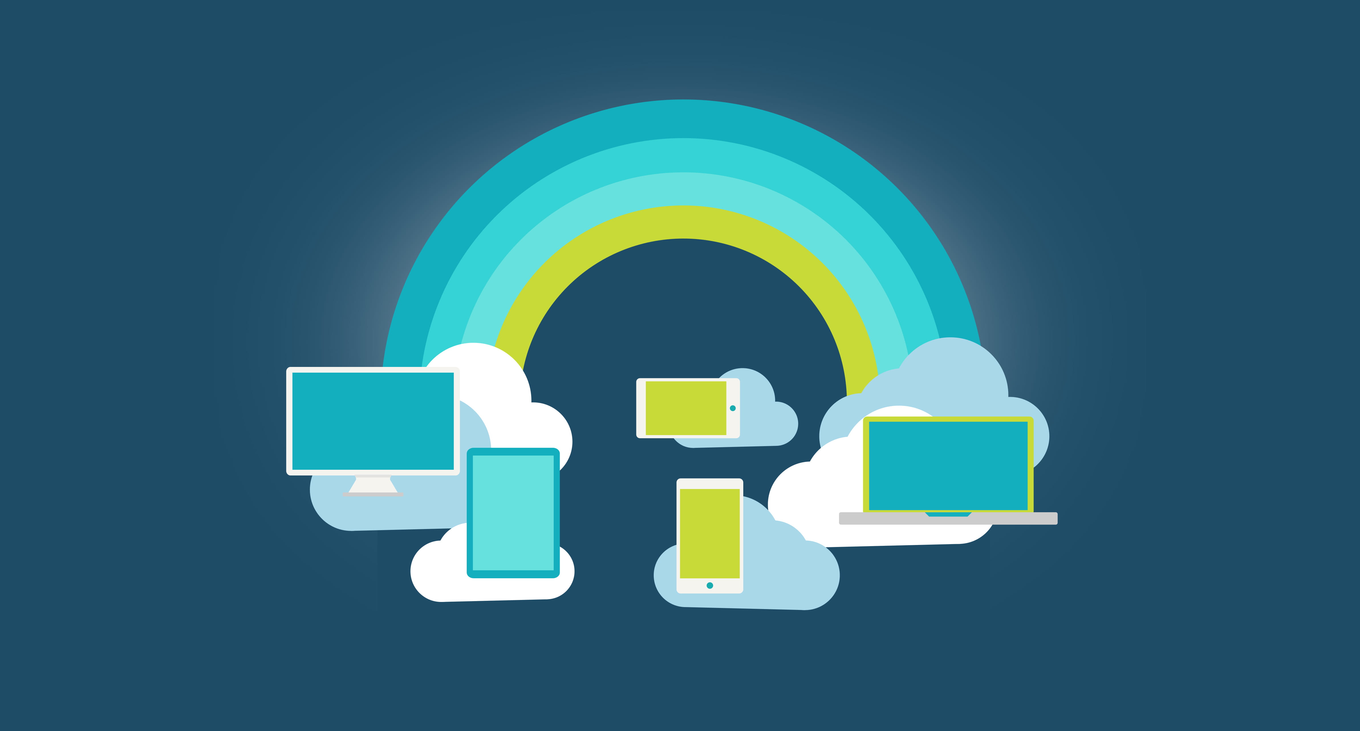 Illustration of cloud storage with desktop, laptop, tablet, and smartphone devices connected to clouds