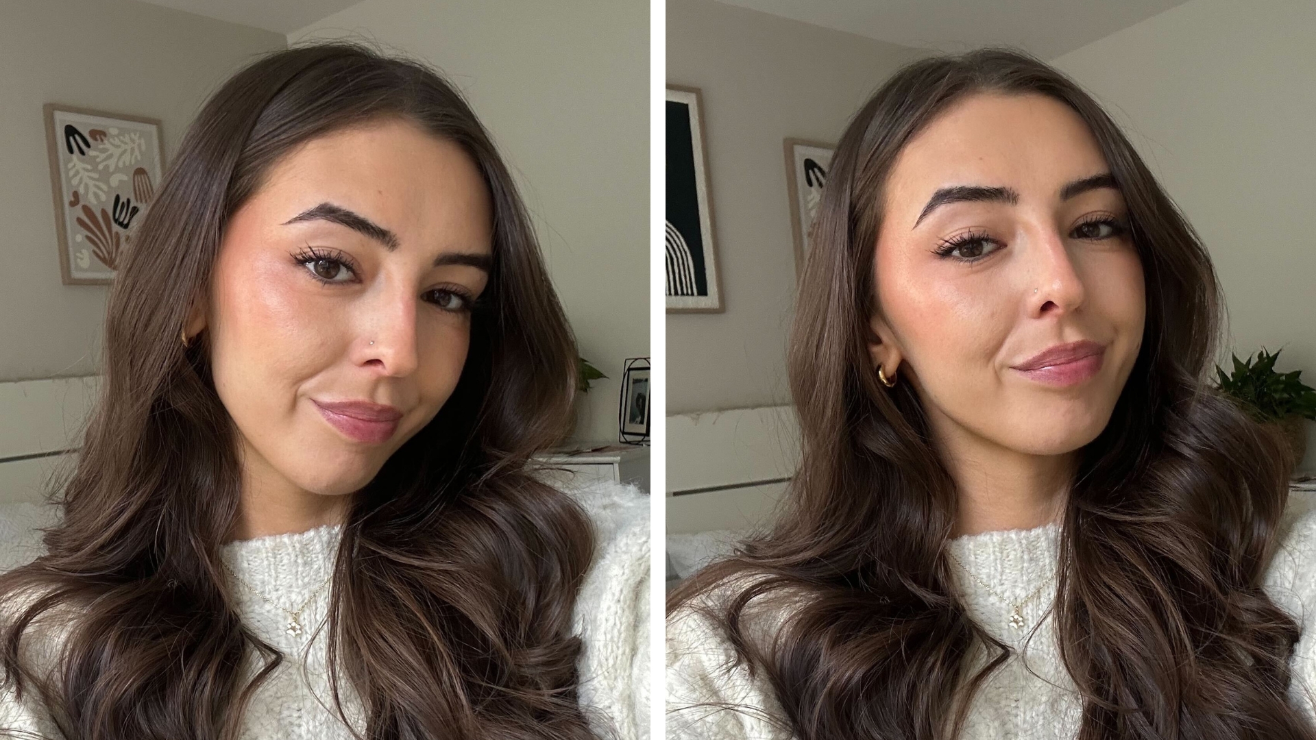 Two images of Sennen Prickett having tested the Charlotte Tilbury Beautiful Skin Bronzer