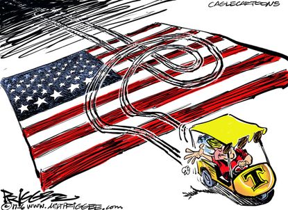Political cartoon U.S. Trump golf cart disrespect America