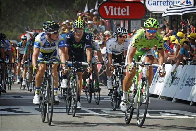 Simon Gerrans looks over at Peter Sagan, each unsure of who won the stage