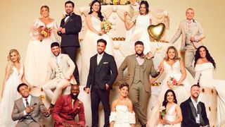 The Married at First Sight UK season 9 brides and grooms arranged around a giant wedding cake